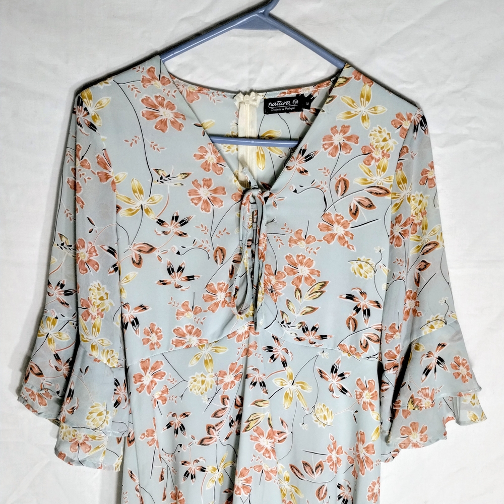 Natura Knee Length Dress Sz Medium Blue Floral Flowy Boho Cottagecore Peasant - Picture 3 of 15